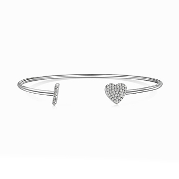Heart & Letter Rhodium Plated 925 Sterling Silver Micro Pave Cubic Zirconia Cuff Bangles for Women, Letter I, 0.2~0.8cm, Inner Diameter: 1-7/8x2-1/4 inch(4.85x5.65cm) 