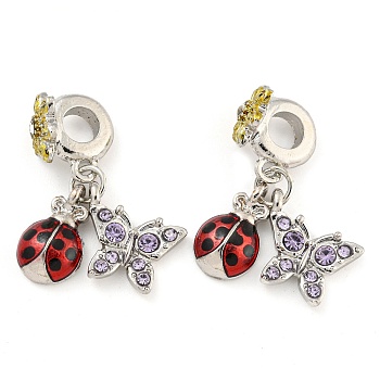 Rack Plating Alloy Enamel Ladybird European Dangle Charms, Large Hole Pendants, Platinum, with Rhinestone, Cadmium Free & Nickel Free & Lead Free, Butterfly, 27mm, Hole: 4.8mm, Bug: 13x8x4mm, Butterfly: 15.5x13x3.5mm