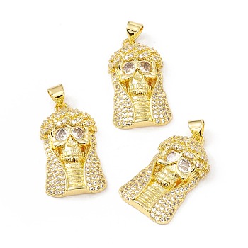 Rack Plating Brass Micro Pave Clear Cubic Zirconia Pendants, Long-Lasting Plated, Cadmium Free & Lead Free, Pharaoh, Real 18K Gold Plated, 27.5x15x7mm, Hole: 4x3.5mm