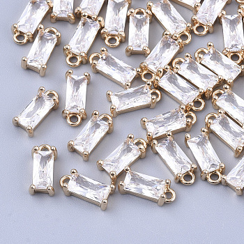 Transparent Glass Charms, with Brass Findings, Faceted, Rectangle, Light Gold, Clear, 8.5x4x3mm, Hole: 1mm