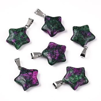 Star Dyed Natural Ruby in Zoisite Pendants, with Platinum Tone Brass Findings, 22~23x20~24x5~7mm, Hole: 2x7mm