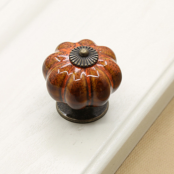 Porcelain Drawer Knob, with Alloy Findings and Screws, Cabinet Pulls Handles for Kitchen Cupboard Door and Bathroom Drawer Hardware, Pumpkin, Dark Orange, 40x40mm