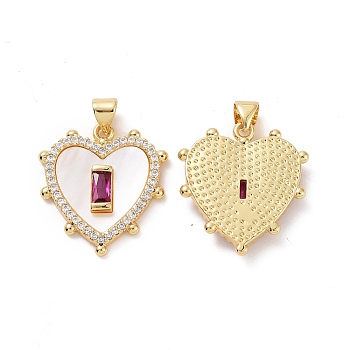 Brass Micro Pave Cubic Zirconia Pendants, with Shell, Heart Charms, Deep Pink, 23x21x4mm, Hole: 3.5x4.5mm
