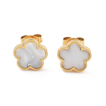 Flower Shell Stud Earrings, Golden Tone 304 Stainless Steel Jewelry for Women, White, 9.5x10mm
