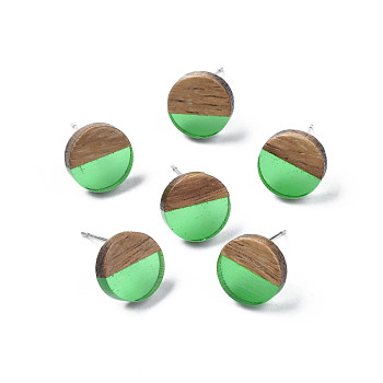 Transparent Resin & Walnut Wood Stud Earrings, with 316 Stainless Steel Pins, Flat Round, Medium Spring Green, 10mm, Pin: 0.7mm