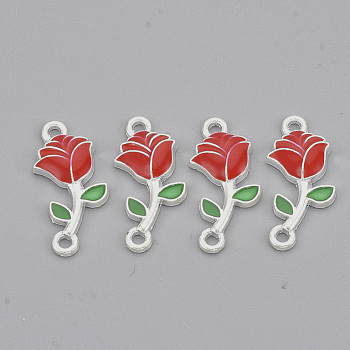 Alloy Links connectors, with Enamel, Rose, Silver, Red, 21x10x2mm, Hole: 1.5mm