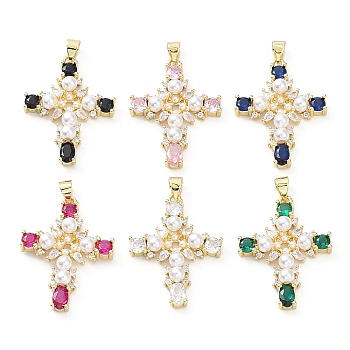 Brass Pave Cubic Zirconia with ABS Plastic Imitation Pearl Pendants, Real 18K Gold Plated, Cross, Mixed Color, 31x23.5x5mm, Hole: 3.5x4.5mm