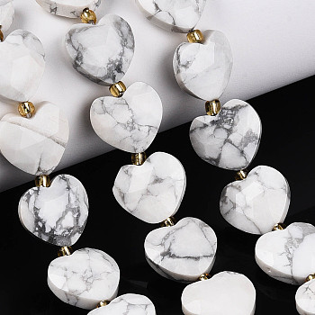 Natural Howlite Beads Strands, Faceted Heart, with Seed Beads, 12.5~13.5x13.5~14.5x5.5~6.5mm, Hole: 0.8~1mm, about 26~28pcs/strand, 14.76~16.73 inch(37.5~42.5cm)