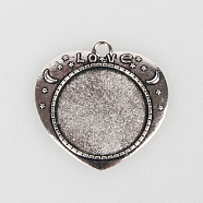 Tibetan Style Alloy Pendant Cabochon Settings, Cadmium Free & Lead Free, Heart with Word Love, For Valentine's Day , Antique Silver, Flat Round Tray: 25mm, 37x36x2mm, Hole: 3mm(X-TIBEP-N003-60AS)