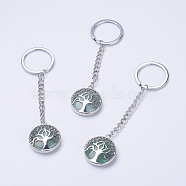 Natural Green Aventurine Keychain, with Iron Key Rings, Iron Chain and Brass Finding, Flat Round with Tree of Life, 100~120mm, Pendant: 31x27x7mm(KEYC-E023-02F)