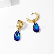 Cubic Zirconia Teardrop Dangle Hoop Earrings, Golden 304 Stainless Steel Earrings, Medium Blue, 34x18mm(HL3316-1)