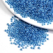 12/0 Glass Seed Beads, Transparent Inside Colours Luster, Round Hole, Round, Dodger Blue, 12/0, 2~2.5x1.5~2mm, Hole: 0.8mm, about 6666pcs/100g(X1-SEED-A015-2mm-2216)