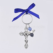 Crucifix Cross Keychain, with Tibetan Style Alloy Pendants, 316 Surgical Stainless Steel Split Key Rings and Natural Sodalite Beads, Satin Ribbon, For Easter, Dark Blue, 80mm(KEYC-JKC00217-02)
