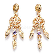 Rack Plating Alloy European Dangle Charms, with Tanzanite Rhinestone, Large Hole Pendants, Cadmium Free & Nickel Free & Lead Free, Woven Net/Web with Feather, Golden, 45mm, Hole: 5mm, Feather: 12x4x4mm(MPDL-N039-063G)