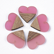 Transparent Resin & Walnut Wood Pendants, Heart, Hot Pink, 24x25x3.5~4mm, Hole: 2mm(X-RESI-S358-81-A01)