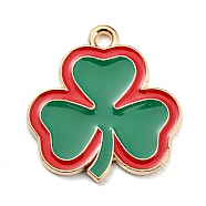 Saint Patrick's Day Alloy Enamel Pendants, Light Gold, Clover Charm, Green, 22x20.5x1.5mm, Hole: 2mm(ENAM-G222-01E-01)