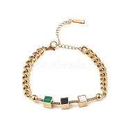 Synthetic Malachite Cube & Acrylic Round Beaded Link Bracelet, Ion Plating(IP) 304 Stainless Steel Jewelry for Women, Golden, 6-5/8 inch(16.8cm)(BJEW-G669-03G)