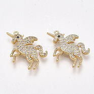 Brass Cubic Zirconia Charms, Unicorn, Clear, Nickel Free, Real 18K Gold Plated, 14x19x2mm, Hole: 0.8mm(KK-S350-390)