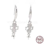 Rhodium Plated 925 Sterling Silver Earring Hooks, with Clear Cubic Zirconia, Heart Clover, for Half Drilled Beads, Platinum, 30mm, 21 Gauge, Pin: 0.7mm and 0.6mm, Tray: 6x3mm(STER-D035-38P)