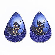 Halloween Theme, PU Leather Big Pendants, with Glitter Powder and Platinum Tone Stainless Steel Jump Rings, teardrop, with House, Medium Blue, 56x37x3mm, Hole: 4mm(X-FIND-R078-08)