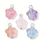 Transparent Baking Paint Glass Pendant, with Brass Loops, Flower, Platinum, Mixed Color, 18x13x5mm, Hole: 3mm(PALLOY-JF02340-02-2S)