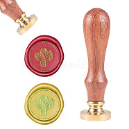 DIY Scrapbook, Brass Wax Seal Stamp and Wood Handle Sets, Cactus, Golden, 8.9x2.5cm, Stamps: 25x14.5mm(AJEW-WH0100-265)