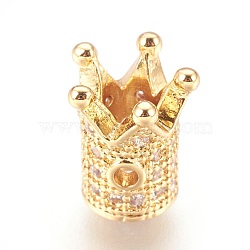 Brass Micro Pave Cubic Zirconia Beads, Crown, Clear, Real 18K Gold Plated, 10x8mm, Hole: 1.4mm(ZIRC-F088-029G)