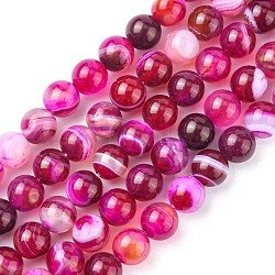 Natural Striped Agate/Banded Agate Bead Strands, Round, Grade A, Dyed & Heated, Deep Pink, 8mm, Hole: 1mm, about 47pcs/strand, 15 inch(X-G-K166-13-8mm-03)