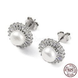 Cubic Zirconia Flower with Natural Pearl Stud Earrings, Rhodium Plated 925 Sterling Silver Earrings for Women, Platinum, 12mm(EJEW-F318-16P)