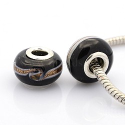 Handmade Gold Sand Lampwork European Large Hole Rondelle Beads, with Silver Color Plated Brass Double Cores, Black, 14x9mm, Hole: 5mm(X-LPDL-M011-09)