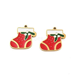 Ion Plating(IP) 304 Stainless Steel Pendants, Christmas Theme Enamel Charms, Golden, Christmas Socking, 14x14.5x1.5mm, Hole: 1mm(STAS-S140-03G)