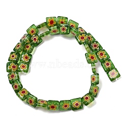 Handmade Millefiori Lampwork Beads, Square, Green, 9.5~10x9.5x3~3.5mm, Hole: 1mm, about 38pcs/strand, 14.21''(36.1cm)(LAMP-G166-13B)