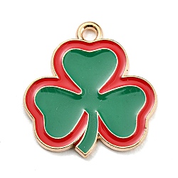 Saint Patrick's Day Alloy Enamel Pendants, Light Gold, Clover Charm, Green, 22x20.5x1.5mm, Hole: 2mm(ENAM-G222-01E-01)