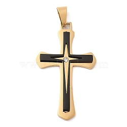 Ion Plating(IP) 304 Stainless Steel Pendants, with 201 Stainless Steel Pendant Bails and Rhinestone,  Cross, Gunmetal, 50x29.5x3.5mm, Hole: 9x5mm(STAS-D110-32BG)