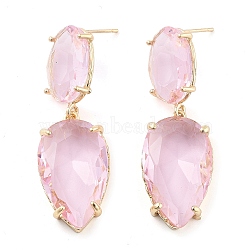 Glass Teardrop Dangle Stud Earrings, Light Gold Brass Earrings, Pink, 48.5x16.5mm(EJEW-Q800-16C-KCG)