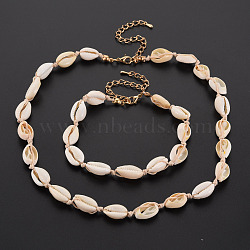 Natural Shell Beaded Necklace and Bracelet, Braided Jewelry Set for Women, Blanched Almond, 9-3/8 inch(23.8cm), 17.83 inch(45.3cm)(SJEW-T002-01)