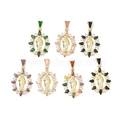 Religion Brass Pave Cubic Zirconia Pendants, with Enamel, Oval with Saint Jude Charms, Lead Free & Cadmium Free, Long-Lasting Plated, Rack Plating, Real 18K Gold Plated, Mixed Color, 36mm, Pendant: 29x20x4mm, Hole: 5.5x3mm(CU-CBA83A6-01A-G)