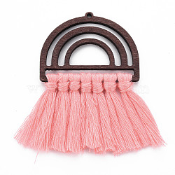 Polycotton(Polyester Cotton) Tassel Big Pendants, Unfinished Wood Semi Circle Earrings, for DIY Macrame Earrings, Hot Pink, 76x50x5mm, Hole: 2mm(FIND-T052-14E)