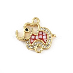 Rack Plating Brass Micro Pave Clear Cubic Zirconia Elephant Connector Charms, with Enamel and Shell, Real 18K Gold Plated, Long-Lasting Plated, Lead Free & Cadmium Free, Red, 17x18.5x3mm, Hole: 1.8mm(KK-U032-29G-01)