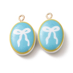 Printed Alloy with Acrylic Pendants, with Iron Ring, Oval with Bowknot Charms, Blue, 24x13x7mm, Hole: 2mm(AL-CBAE25B-04B-G)