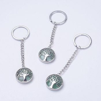 Natural Green Aventurine Keychain, with Iron Key Rings, Iron Chain and Brass Finding, Flat Round with Tree of Life, 100~120mm, Pendant: 31x27x7mm
