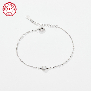 Rhodium Plated 925 Sterling Silver Letter Cubic Zirconia Link Bracelets, Cable Chains Bracelets for Women, Letter U, 6-1/4 inch(16cm)
