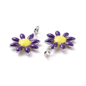 304 Stainless Steel Charms, with Enamel, Stainless Steel Color, Flower, Indigo, 10x7.5x2mm, Hole: 1mm