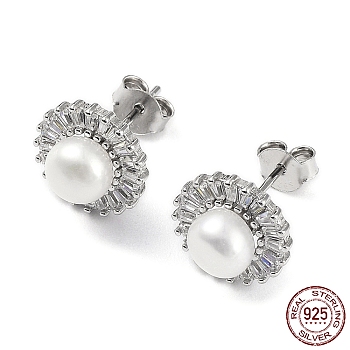 Cubic Zirconia Flower with Natural Pearl Stud Earrings, Rhodium Plated 925 Sterling Silver Earrings for Women, Platinum, 12mm