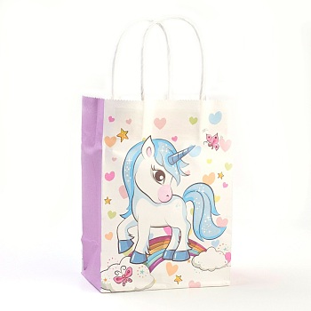 Rectangle Paper Bags, with Handles, Gift Bags, Shopping Bags, Unicorn Pattern, for Baby Shower Party, Flamingo, 21x15x8cm