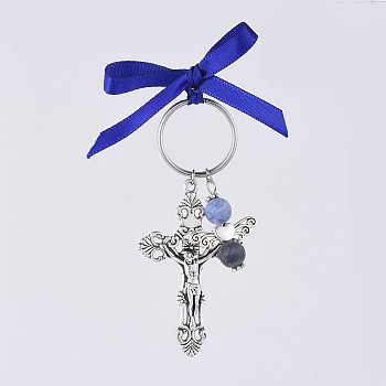 Crucifix Cross Keychain, with Tibetan Style Alloy Pendants, 316 Surgical Stainless Steel Split Key Rings and Natural Sodalite Beads, Satin Ribbon, For Easter, Dark Blue, 80mm
