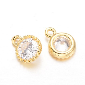 Flat Round Brass Cubic Zirconia Charms, Golden, 10x8x4mm, Hole: 1mm