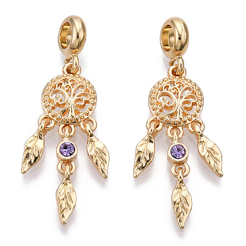 Rack Plating Alloy European Dangle Charms, with Tanzanite Rhinestone, Large Hole Pendants, Cadmium Free & Nickel Free & Lead Free, Woven Net/Web with Feather, Golden, 45mm, Hole: 5mm, Feather: 12x4x4mm