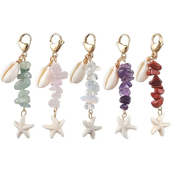 Starfish Synthetic Turquoise & Natural Cowrie Shell Pendant Decoration, with Opalite & Natural Rose Quartz & Red Jasper & Green Aventurine & Amethyst Chips Beads, 62.5mm