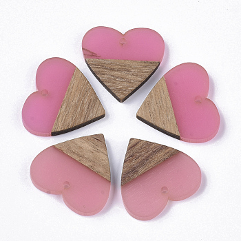 Transparent Resin & Walnut Wood Pendants, Heart, Hot Pink, 24x25x3.5~4mm, Hole: 2mm